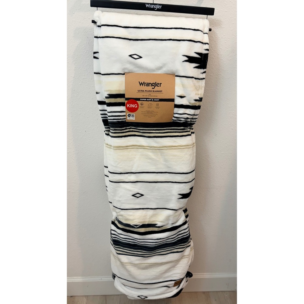 Wrangler Ultra Plush Blanket King Size Southwestern Stripe Cream Black Tan NEW